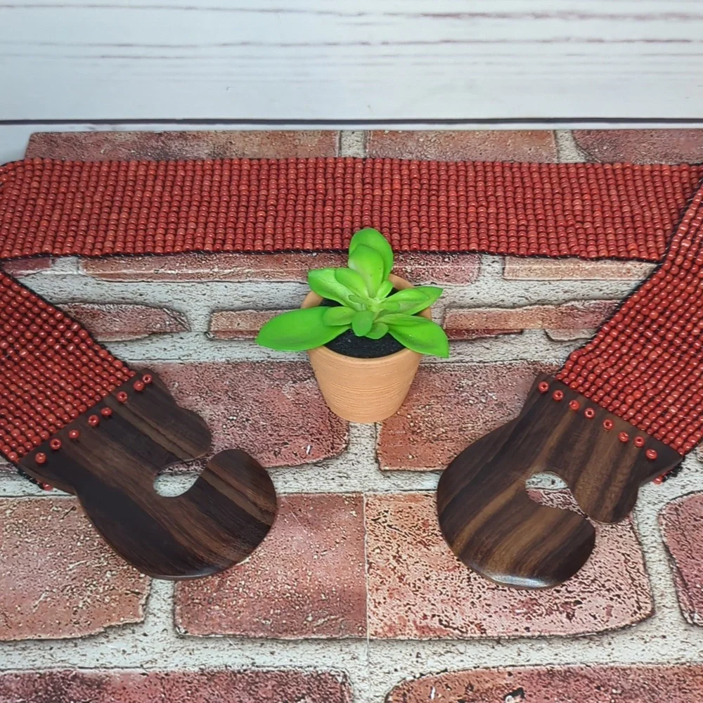 Vtg Glass Bead Wood Stretchy Elastic Belt Burnt Orange‎ Belt Women OS Bohemian